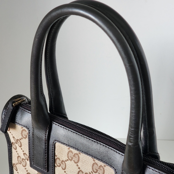 Vintage Gucci GG Supreme Monogram Canvas Brown Leather Mini Zippered Tote Bag - Picture 12 of 16